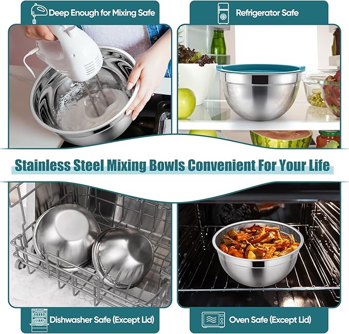 P&P CHEF Mixing Bowls with Airtight Lids Set of 5, 10-Piece Stainless Steel Mixing Nesting Bowl, Metal Bowl with Lid for Kitchen Prepping & Storing, Size 4.6, 3, 1.5, 1, 0.7 QT, Blue