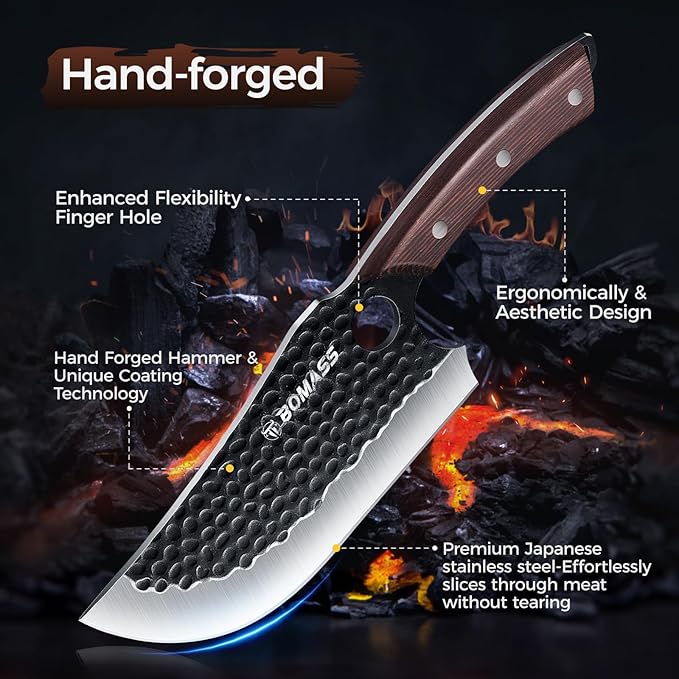 Butcher Knife Meat Cleaver Knife, Hand Forged Japanese Knife Set of 3, High Carbon Kitchen Knife & Serbian Chef Knife & Boning Knife for Meat Cutting, Outdoor Cooking BBQ Camping Gift for Men
