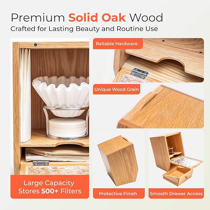 Coffee Filter Holders Storage with Lid, Large Capacity Oak Wood Box for Pour Over Coffee Station Accessories & Tea Bag Organizer, Versatile Home Bar Essentials for Farmhouse Kitchen Decor