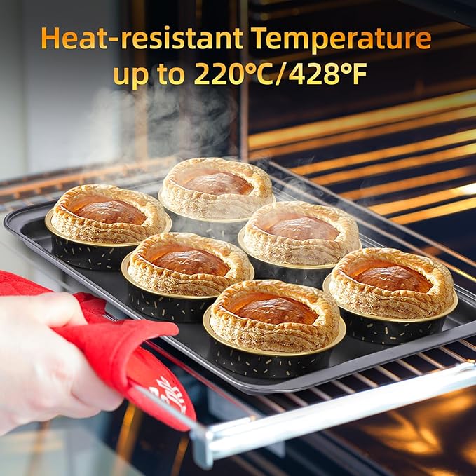 Beasea Pie Tins with Lids 8oz, 120 Pack 4 Inch Disposable Mini Creme Brulee Ramekins Gold Black Small Aluminum Foil Pie Tart Cake Baking Pans Individual Round Containers Oven Safe for Baking