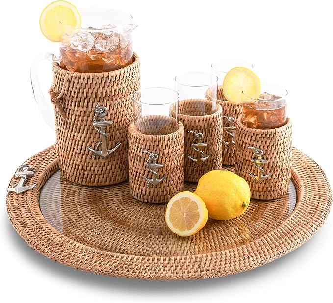Vagabond House Glass Carafe with Rattan Cover, Ocean-Inspired Table Centerpiece, Ice Tea Pitcher with Removable Glass Pitcher, Woven Wicker Style, Dishwasher Safe, Perfect for Beach House Summer Party
