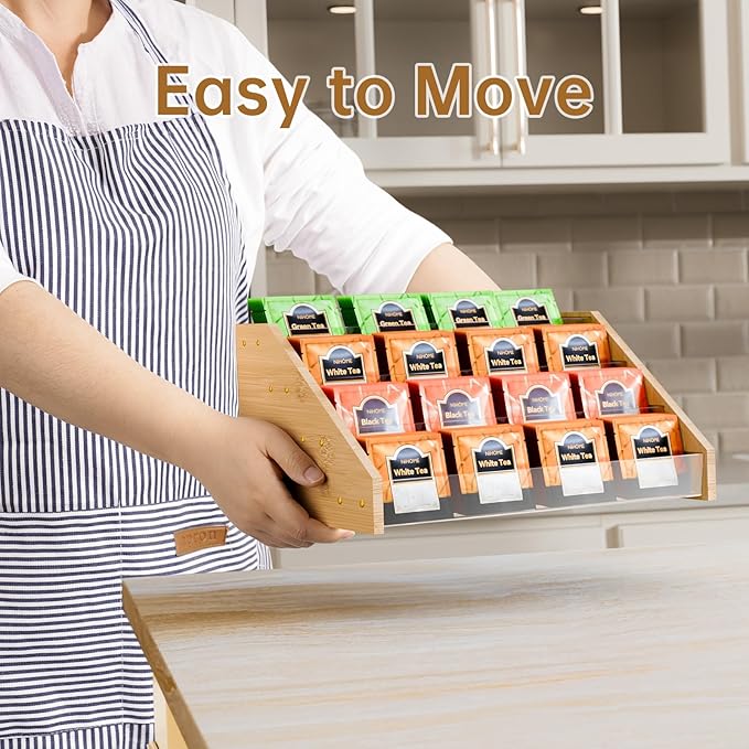 NiHome 4 Layer Tea Bag Organizer, Bamboo & Plastic Tea Storage Holder Organizer, 4-Tier Design Offering Quick and Easy Access, Clear Dividers & Large Capacity, Easy to Assembly