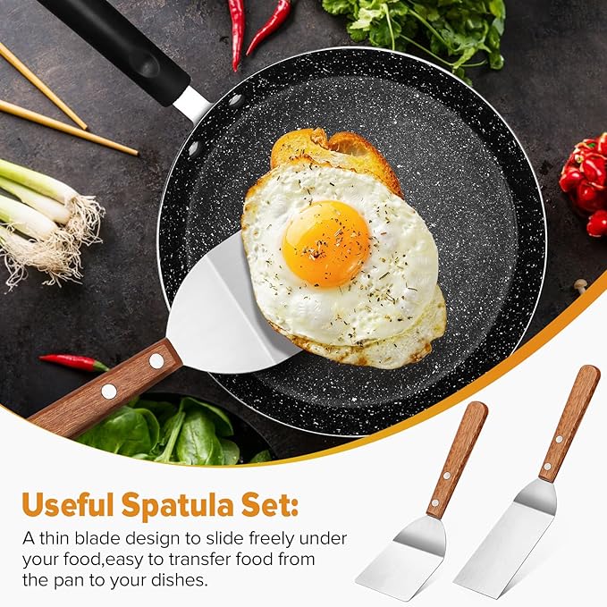 Small Metal Spatula Set,Mini Wooden Spatulas for Kitchen Use,Tiny Griddle Solid Stainless Steel Spatula With Wood Handle for Cake Fish Cookie,Grill Chef Baking Scraper Spatula Turner,2 Pack,Sliver