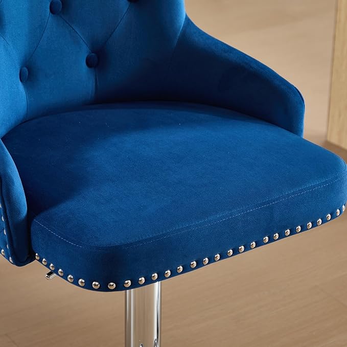 Velvet Lion Bar Stools Set of 4, Modern Height Adjustable Swivel Barstools with Chrome Base, Tufted Counter Height Bar Stools Upholstered Bar Chairs for Kitchen Island, Dining Room, Blue