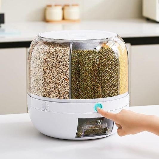 Rice Dispenser | 360° Rotating Grain Storage Bin - 6 Grids, 20LBS Large Capacity Food Container, Moisture-Proof, One-Click Output for Rice, Beans & Pet Food - Kitchen Pantry Organizer