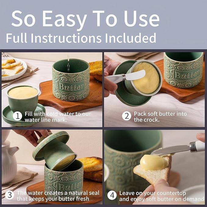Ceramic Butter Crock with Lid, French Butter Dish with Water Line for Countertop, Butter Keeper for Spreadable Butter, Container Holder for Kitchen and Home Decor, 6.7 OZ, Vintage Green