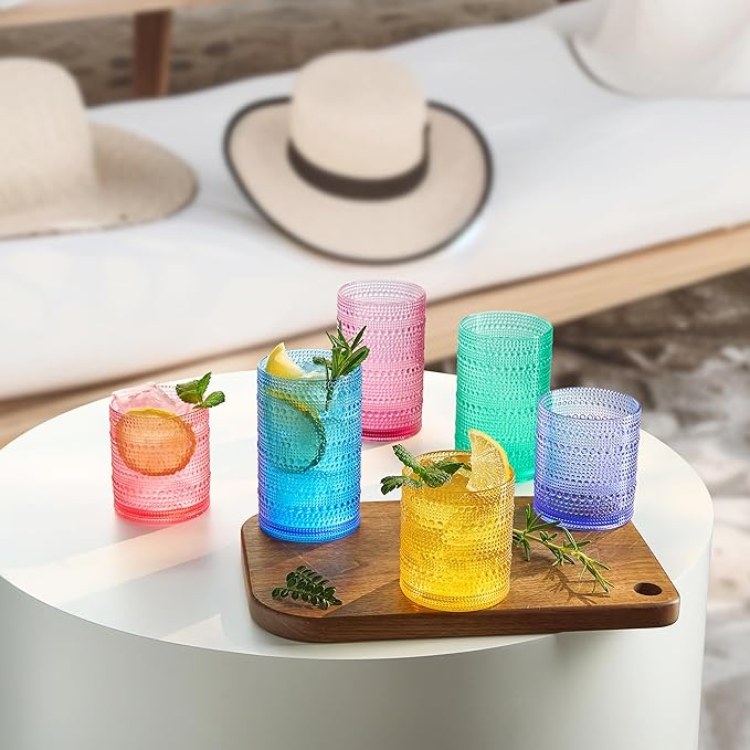 Khen Plastic Hobnail Drinking Glasses Set of 12 Bright Tones Cups 6x 10oz Lowball & 6x 1oz Highball Acrylic Beaded Design, BPA-Free, Dishwasher Safe Indoor/Outdoor Drinkware Water, Juice, Cocktails