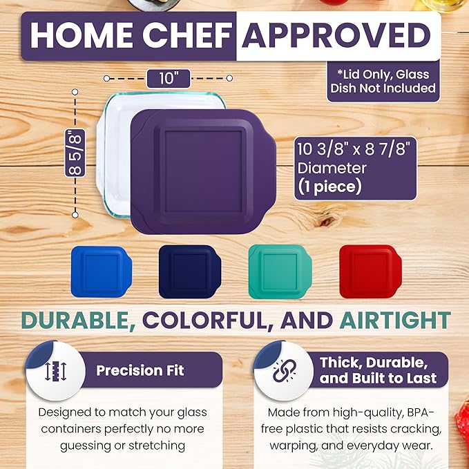Replacement Lid for Pyrex 2-Quart 8" x 8" Glass Baking Dish #222, Compatible with Lid #222-PC, Food Storage Container Cover with Flush Tab Handles (Purple)