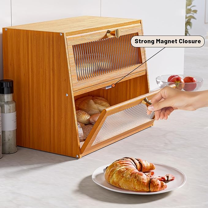 Pine Wooden Bread Box for Kitchen Countertop,Extra Large 2 Layer Breadbox Holder Farmhouse Bread Storage Container Bin Food Organizer Pantry Shelf Acrylic Window