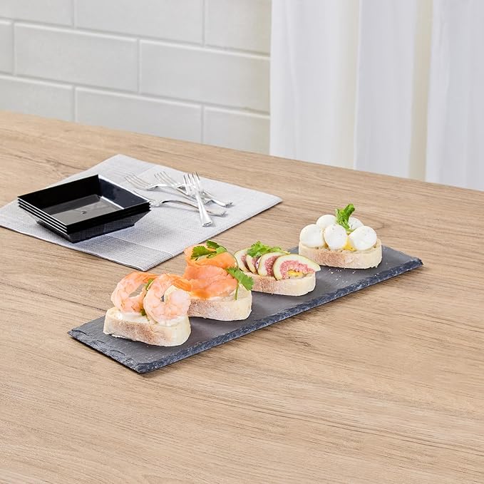 Restaurantware Slate Serving Tray 1 Pack of 11.8" x 4" Foam Feet Charcuterie Stone Plate Rustic Edges Freezable Black Serving Display Cheese Boards for Kitchen, Gourmet, Dining, Parties