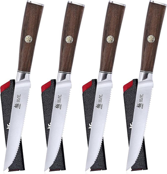 KYOKU 5 Inch Steak Knife Set of 4 - Daimyo Series Japanese 440C Stainless Steel Serrated Steak Knives - Ergonomic Rosewood Handles Mosaic Pins - with Sheaths & Case