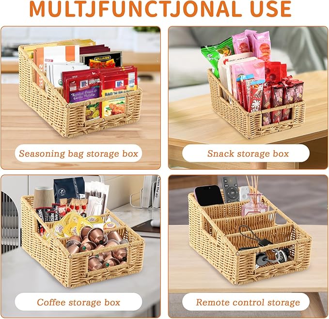 Pantry Snack Organizers and Storage Box,Handwoven Wicker Basket with 4 Compartments Seasoning Packet Organizer,Remote Control Holder,Kitchen Cabinet Organization Bin for Tea Bags,Medicine