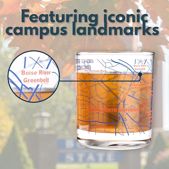 Greenline Goods – Boise State University Broncos College Whiskey Glasses (Set of 2), 10 oz – Full-Color Logo + Campus Map