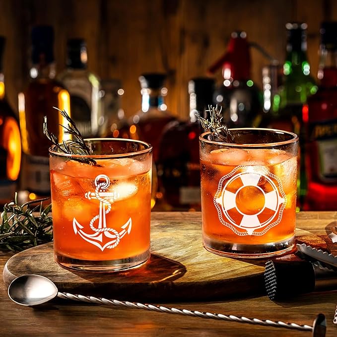 Futtumy Set of 4 Boat Whiskey Glass, Boating Gifts for Men, Nautical Gifts for Boat Lovers Owners Sailors, Anchor Compass Helm Life Ring Rock Glass for Birthday Christmas, 10oz