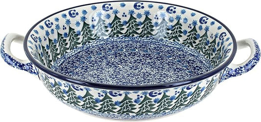 Blue Rose Polish Pottery - Blue Evergreen Magic Small Round Casserole with Handles - 8.25" Diameter - Unique, Dishwasher Safe, & Durable Bakeware
