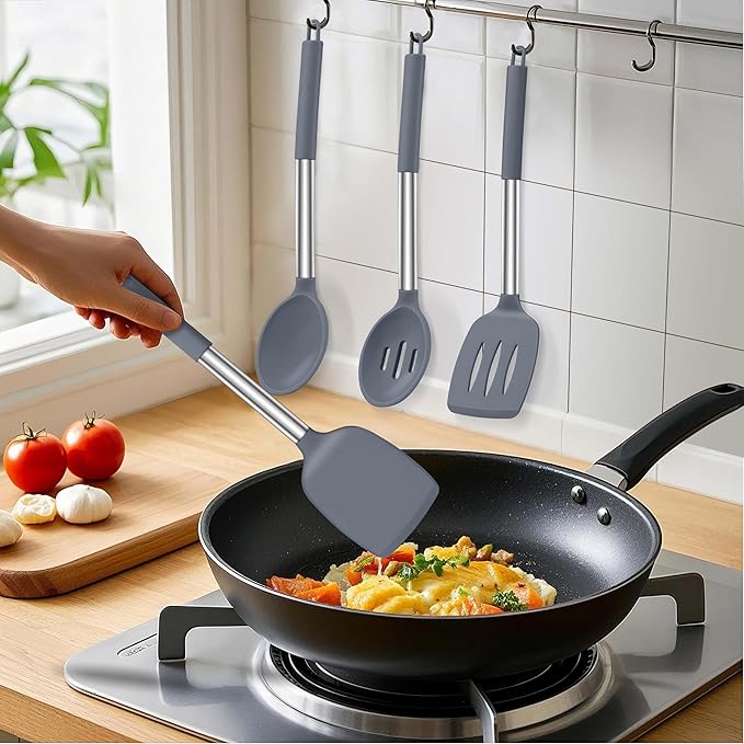 LIANYU Silicone Cooking Utensil Set, 6Pcs Heat Resistant Kitchen Utensils Set, Non-stick Stainless Steel Handle Spatula Tools, Dishwasher Safe, Grey