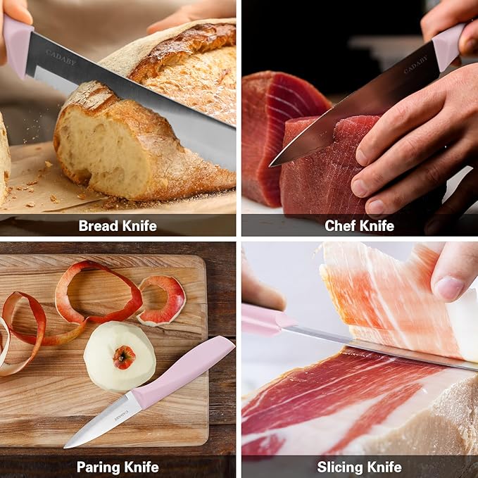 19 PCS Kitchen Cooking Utensils Set, 11 Pieces Silicone Cooking Utensils Set 6 Pieces Sharp Stainless Steel Pink Knife Set with 1 Piece Cutting Board, Ideal for Apartment