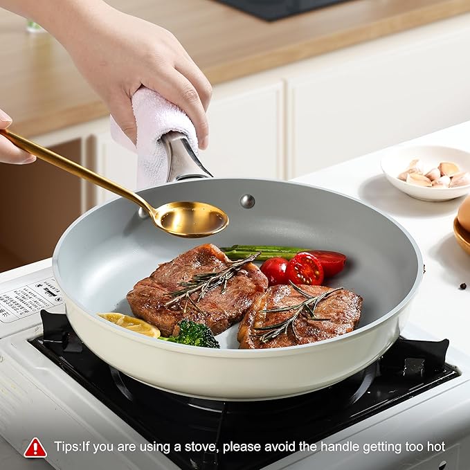 Non Stick Frying Pan, 8" Ceramic Skillet, Non Toxic Omelette Egg Pan, PFAS & PTFE & PFOA Free with Stainless Steel Handle, Dishwasher & Oven Safe, White