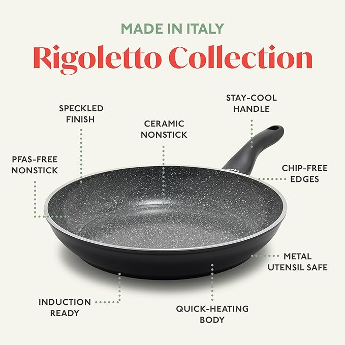 Rigoletto 11” Nonstick Frying Pan Skillet, Made in Italy, Layered Ceramic PFAS-Free Surface, Induction Ready, Dishwasher & Metal Utensil Safe, Granite Finish, Stay-Cool Handle, Black