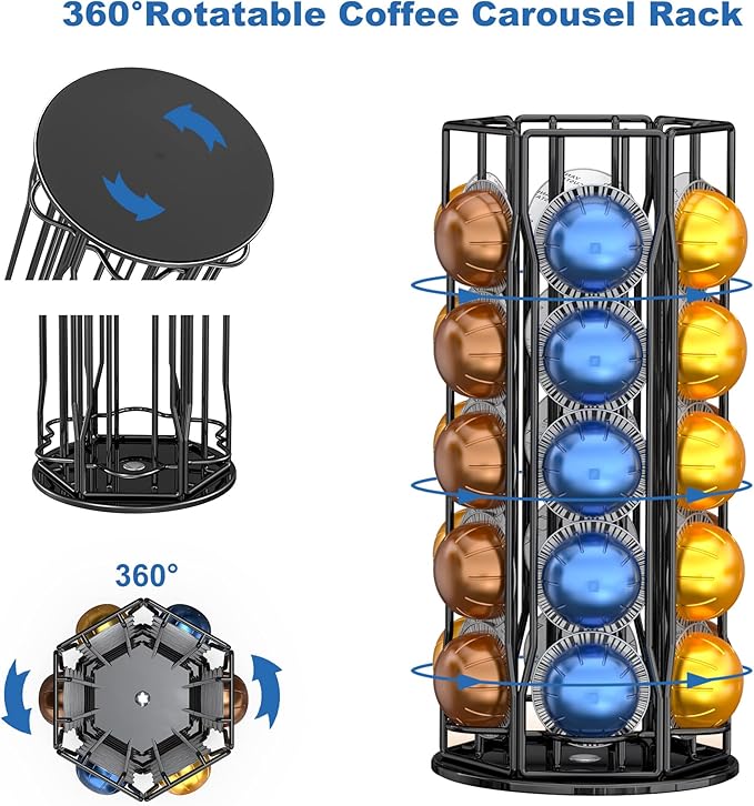 Coffee Pod Holder for Nespresso Vertuoline, Nespresso Vertuo Pods Holder Carousel Stand Storage, 360-Degree Spining Nespresso Vertuoline Pods Organizer, Metal Black - Holds 30 Pods