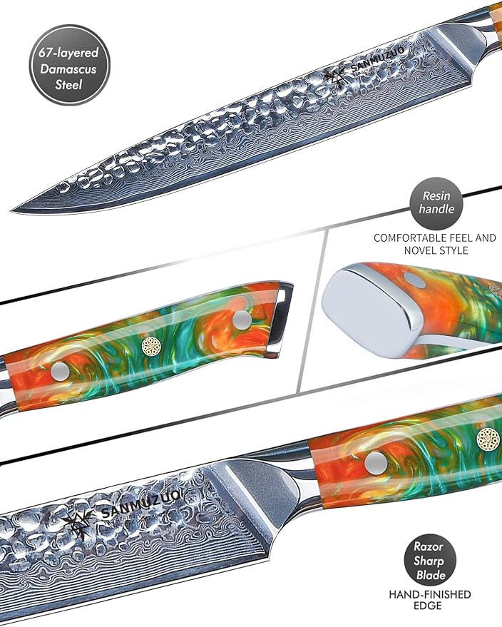 8 Inch Carving Knife, Meat Slicing Knife - Hammered Damascus Steel & Resin Handle - Yao Series
