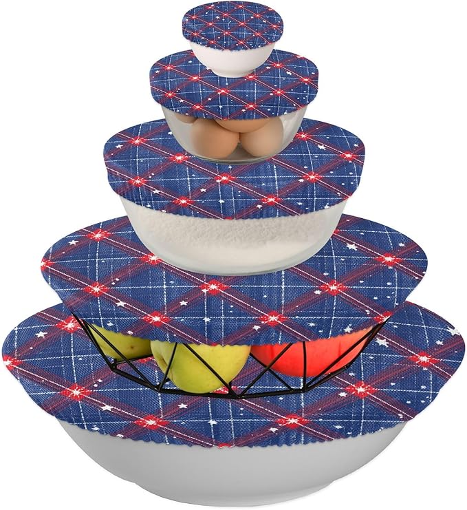 5 Pcs Bowl Covers Reusable in 5 Size Elastic Food Cover Cloth Lids Fresh Keeping Dish Cookware Bakeware Fabric Covers Lids for Food Leftovers Fruits Storage Blue Retro Plaid Stars