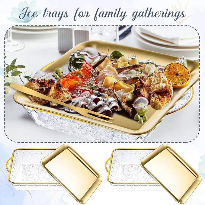 Baderke 4 Set 9" Chilled Serving Tray for Parties with Compartments Ice Chilled Party Platter Charcuterie Serving Board Cold Dish Dip with Forks Tongs for Fruit Seafood Vegetable Appetizer (Gold)