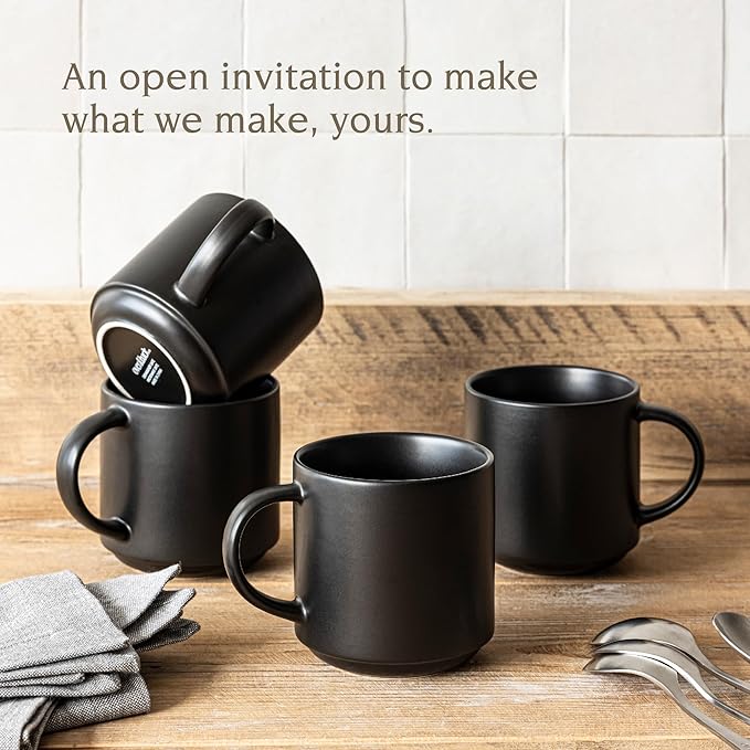 over&back Stackable Stoneware Coffee Mugs - 4-Piece Mug Set - Enjoy the Perfect Cup of Coffee, Tea, Latte, and More - Semi-Matte Black- 14oz