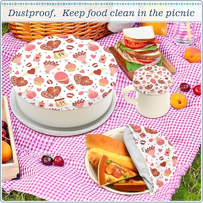 5 Pcs Bowl Covers Reusable in 5 Size Elastic Food Cover Cloth Lids Fresh Keeping Dish Cookware Bakeware Fabric Covers Lids for Food Leftovers Fruits Storage Valentine Romantic Love Flowers