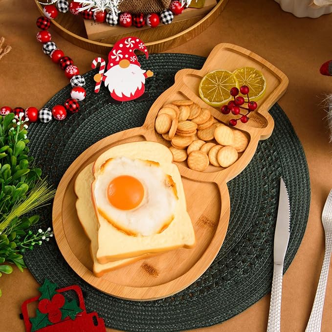 AWIZOM Snowman Wooden Serving Tray Christmas Bamboo Platter Winter Snowman Shape Charcuterie Board Decorative Wood Snack Dish Plate for Xmas Holiday Housewarming Present,14.17x8.15x0.59 Inch