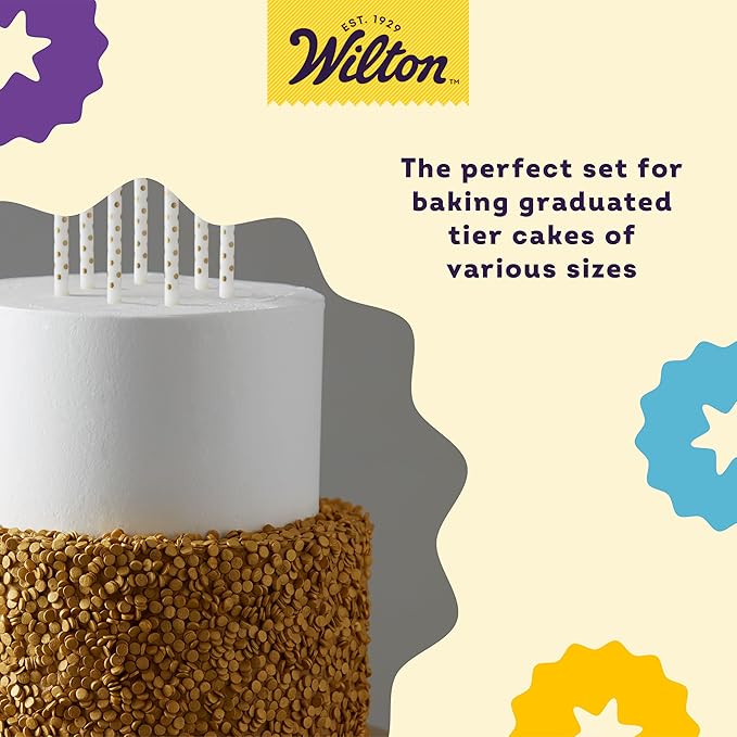 Wilton Aluminum Round Cake Pan Set, 4-Piece for Layered Cakes,Durable, Even Heating, Rust-Resistant, Professional Bakeware, 8, 10, 12 in., Package May Vary
