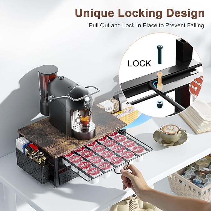 K Cup Holder, Coffee Pod Holder with 2 Tier Sliding Storage Drawer and 1 Hanging Basket for 51 Large or 73 Small Capsule,K Cup Coffee Station Organizer Accessories for Counter,Home,Office,Kitchen