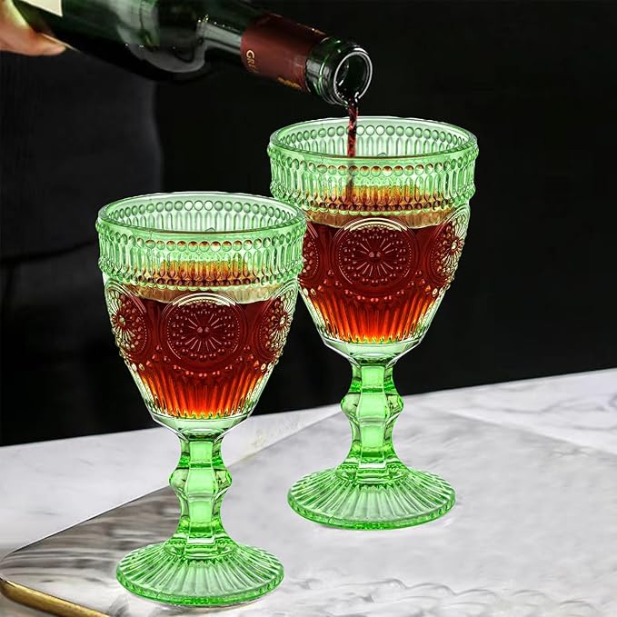 Green Vintage Wine Glasses Set of 6, 10 Ounces Colored Glass Water Goblets, Unique Floral Embossed Pattern High Clear Stemmed Glassware Wedding Party Bar Drinking Cups Fancy Glasses Hand Wash Only
