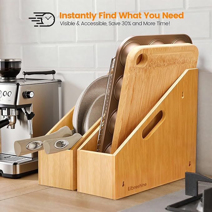 Slim Bamboo Storage Bin with Handles – Heavy-Duty Organizer for Pans, Lids, Cutting Boards, Snacks & More | Open-Front & No-Drill Wall Mount | Kitchen, Pantry, Bathroom & Office Use