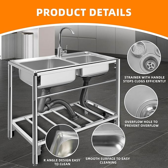 Commercial Stainless Steel Double Bowl Kitchen Sink, Outdoor Utility Sink with Hot and Cold Faucet, Free Standing Restaurant Sink for Restaurant, Kitchen, Laundry, Garage, Cafe, 31.5" x 16.9" x 29.5"