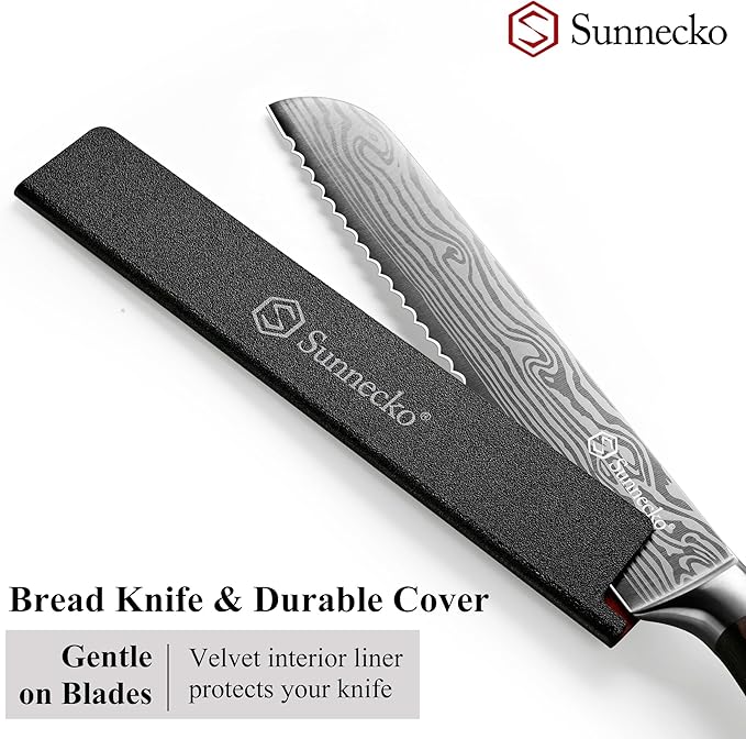 Sunnecko Bread Knife 8 Inch, High Carbon Stainless Steel Serrated Bread Knife for Homemade Bread, Wedding Cake Knife with Wooden Handle Serrated Kitchen Knife with Sheath