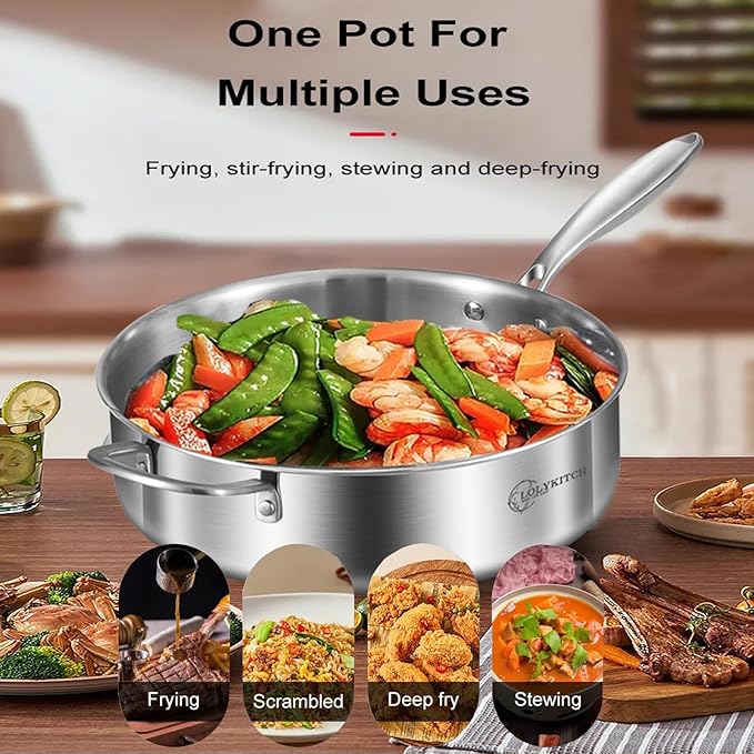 LOLYKITCH 8-10 Inch Tri-ply Stainless Steel Fry Pans and 6 QT Sauté Pan with Lid,Induction Cookware Set,Dishwasher and Oven Safe,Detachable Handle