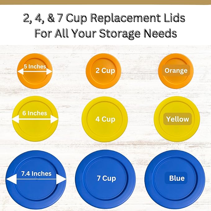 2, 4 & 7 Cup Orange, Yellow, Blue Replacement Lids/Covers for Pyrex, Anchor Hocking & KlareWare Storage Bowls *Lids Only Glass Container Not Included* (9 Pack *Three of Each Size*)