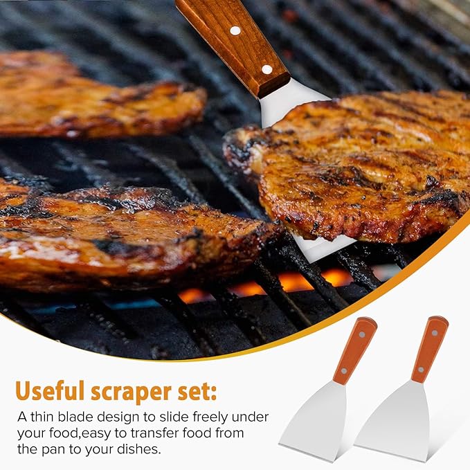 Small Flat Metal Spatula Scraper Set,2 Pcs Stainless Steel Dough Food Scraper Kitchen Tool, Griddle Grill Scrapers for Flat Tops Pancake Pizza Burgers Cooking Cutting Flipping Cleaning, Slant Edge