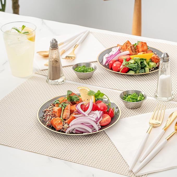 Restaurantware Plastic Plates 100 Pcs 7.25" Gold Rimmed Disposable Plates Heavy-Duty Black Translucent Rippled Plastic Dinner Servers for Party, Weddings, Salads, Desserts, and Appetizers