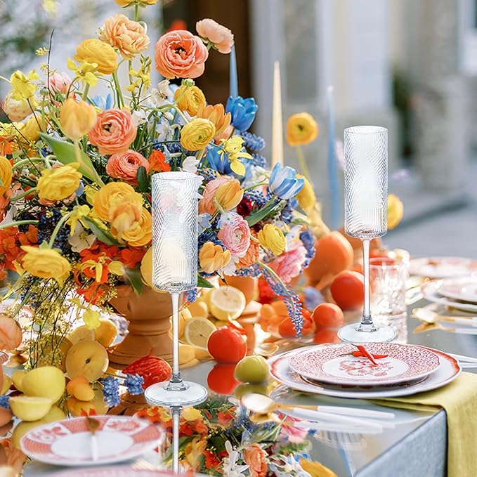 6 Pieces Clear Champagne Flutes,6 OZ Twill Pattern Striped Vintage Stem Glasses Stemware Wine Glasses Champagne Long Stem Drinking Colored Glasses Goblets for Wedding Cocktail Cups,Cava, Prosecco