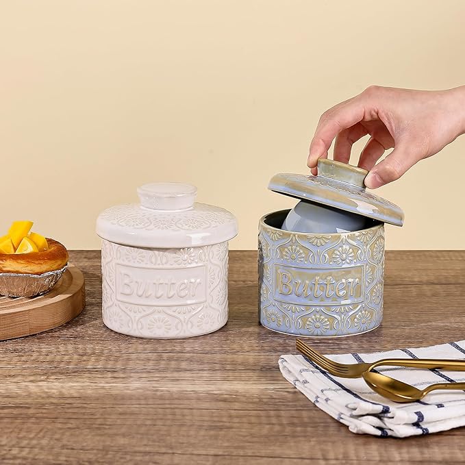 Butter Crock with Water Line, Ceramic Butter Keeper for Counter, French Butter Dish with Lid for Spreadable Fresh Butter (Pale Blue)