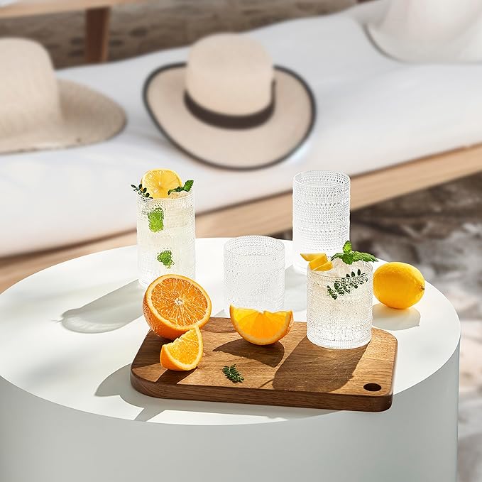 Khen Plastic Hobnail Drinking Highball Glasses Set of 6 Clear Color Cups 14oz, Shatterproof & Unbreakable Acrylic Beaded Design, BPA-Free, Dishwasher Safe Indoor/Outdoor Drinkware Water, Cocktails