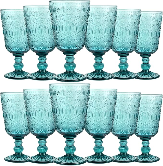 Eaasty Wine Glasses Set of 12 Vintage Goblet 9 oz Vintage Colored Glass Goblet Beverage Stemmed Glass Cups Romantic Embossed Glassware for Wedding Party Holidays Anniversary (Blue)