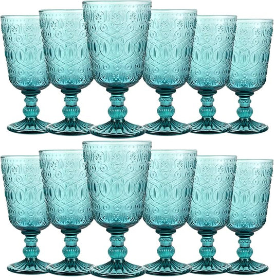 Eaasty Wine Glasses Set of 12 Vintage Goblet 9 oz Vintage Colored Glass Goblet Beverage Stemmed Glass Cups Romantic Embossed Glassware for Wedding Party Holidays Anniversary (Blue)
