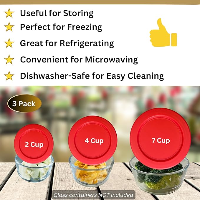 2, 4 & 7 Cup Red Replacement Lids/Covers for Pyrex, Anchor Hocking & KlareWare Storage Bowls *Lids Only Glass Container Not Included* (3 Pack *One of Each Size*)