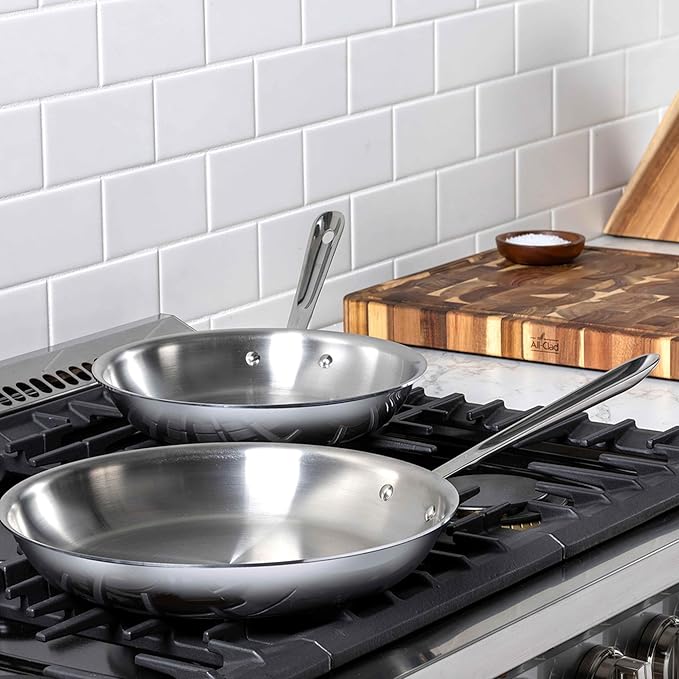All-Clad D3 3-Ply Stainless Steel Fry Pan Set 2 Piece, 10, 12 Inch, Induction Oven Broiler Safe 600F, Kitchen Cooking Set, Skillets, Durable Frying Pans, Professional Pots and Pans Set Cookware Silver