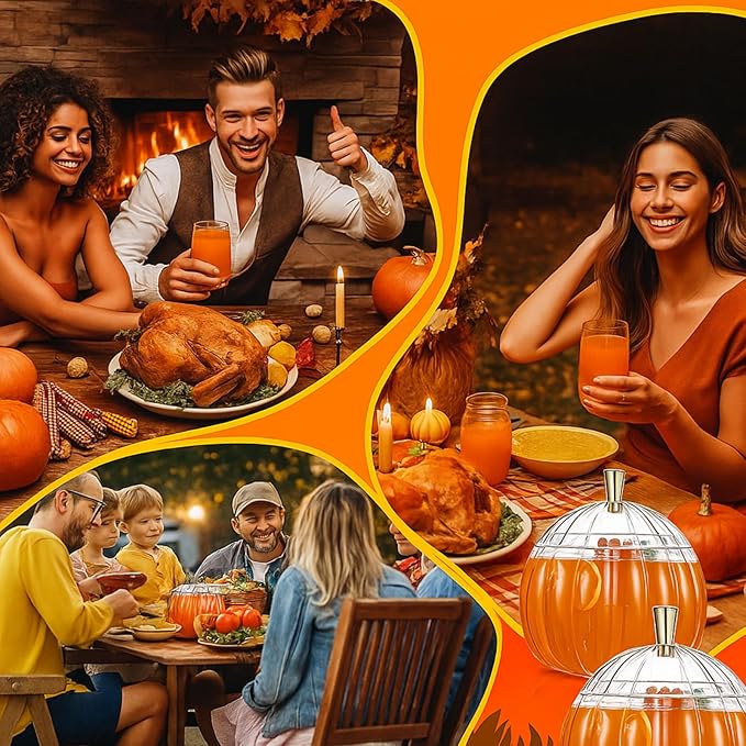 Meanplan 1.3 Gallon Thanksgiving Plastic Punch Bowl Set with 6 Clear Plastic Cups and 1 Ladle Pumpkin Shaped Punch Bowl Fall Harvest Kitchen Decoration for Fall Autumn Party Supplies
