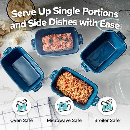 Souper Cubes Stoneware - Small Ceramic 5" x 3" Baking Dish with Silicone Covers, Small Baking Dishes for Oven Perfect for Reheating Single Serve Portions, Set of 4 - Blueberry