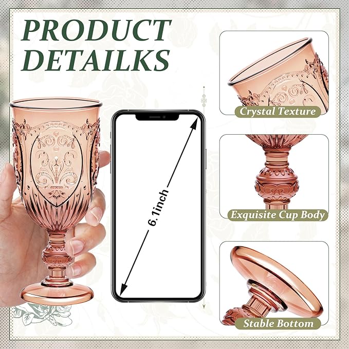 24 Pcs Plastic Goblets 7.5oz Vintage Goblet Plastic Wine Glasses Colored Retro Embossed Water Goblets for Wine Bar Juice Baby Shower Wedding Reception Grand Event Party (Rose Gold)